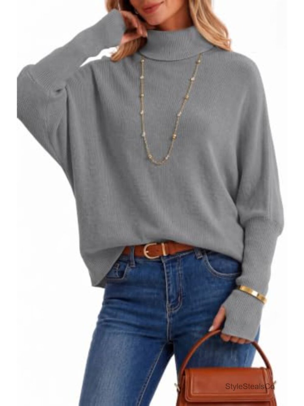 Women's Oversized Batwing Sleeve Wool Blend Turtleneck Pullover Sweater